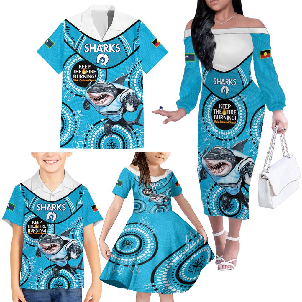 Custom NRL Sharks NAIDOC Week Family Matching Off The Shoulder Long Sleeve Dress and Hawaiian Shirt Keep The Fire Burning Indigenous Art