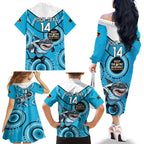 Custom NRL Sharks NAIDOC Week Family Matching Off The Shoulder Long Sleeve Dress and Hawaiian Shirt Keep The Fire Burning Indigenous Art