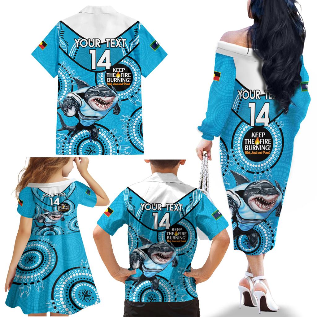 Custom NRL Sharks NAIDOC Week Family Matching Off The Shoulder Long Sleeve Dress and Hawaiian Shirt Keep The Fire Burning Indigenous Art