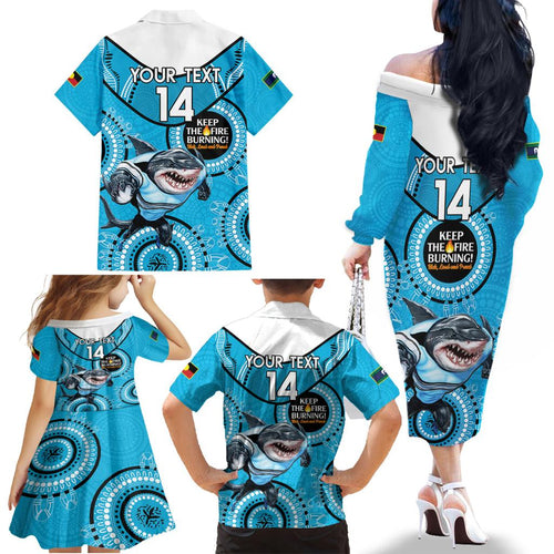 Custom NRL Sharks NAIDOC Week Family Matching Off The Shoulder Long Sleeve Dress and Hawaiian Shirt Keep The Fire Burning Indigenous Art