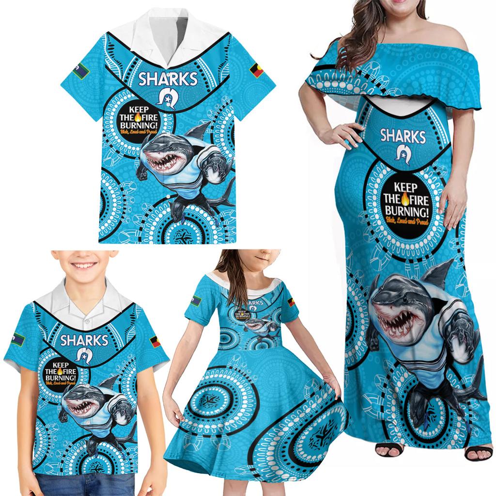 Custom NRL Sharks NAIDOC Week Family Matching Off Shoulder Maxi Dress and Hawaiian Shirt Keep The Fire Burning Indigenous Art