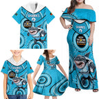 Custom NRL Sharks NAIDOC Week Family Matching Off Shoulder Maxi Dress and Hawaiian Shirt Keep The Fire Burning Indigenous Art