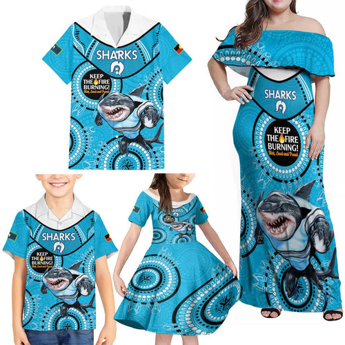 Custom NRL Sharks NAIDOC Week Family Matching Off Shoulder Maxi Dress and Hawaiian Shirt Keep The Fire Burning Indigenous Art