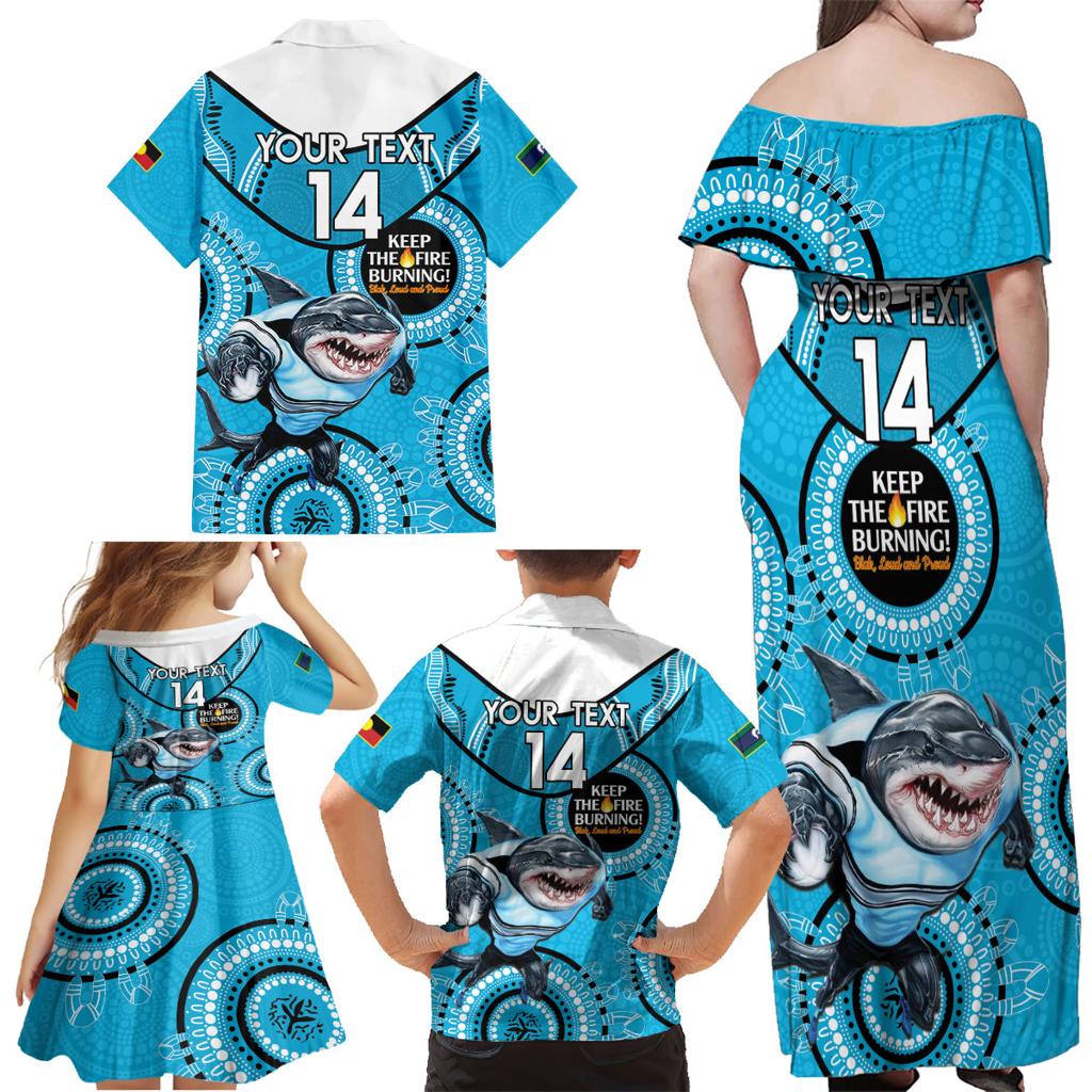 Custom NRL Sharks NAIDOC Week Family Matching Off Shoulder Maxi Dress and Hawaiian Shirt Keep The Fire Burning Indigenous Art
