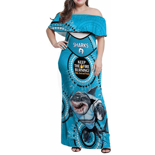 Custom NRL Sharks NAIDOC Week Family Matching Off Shoulder Maxi Dress and Hawaiian Shirt Keep The Fire Burning Indigenous Art