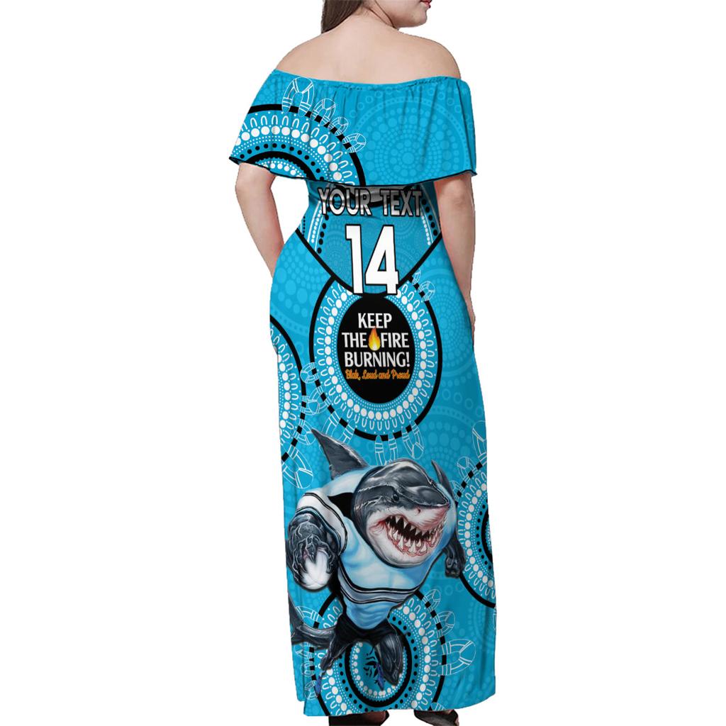 Custom NRL Sharks NAIDOC Week Family Matching Off Shoulder Maxi Dress and Hawaiian Shirt Keep The Fire Burning Indigenous Art