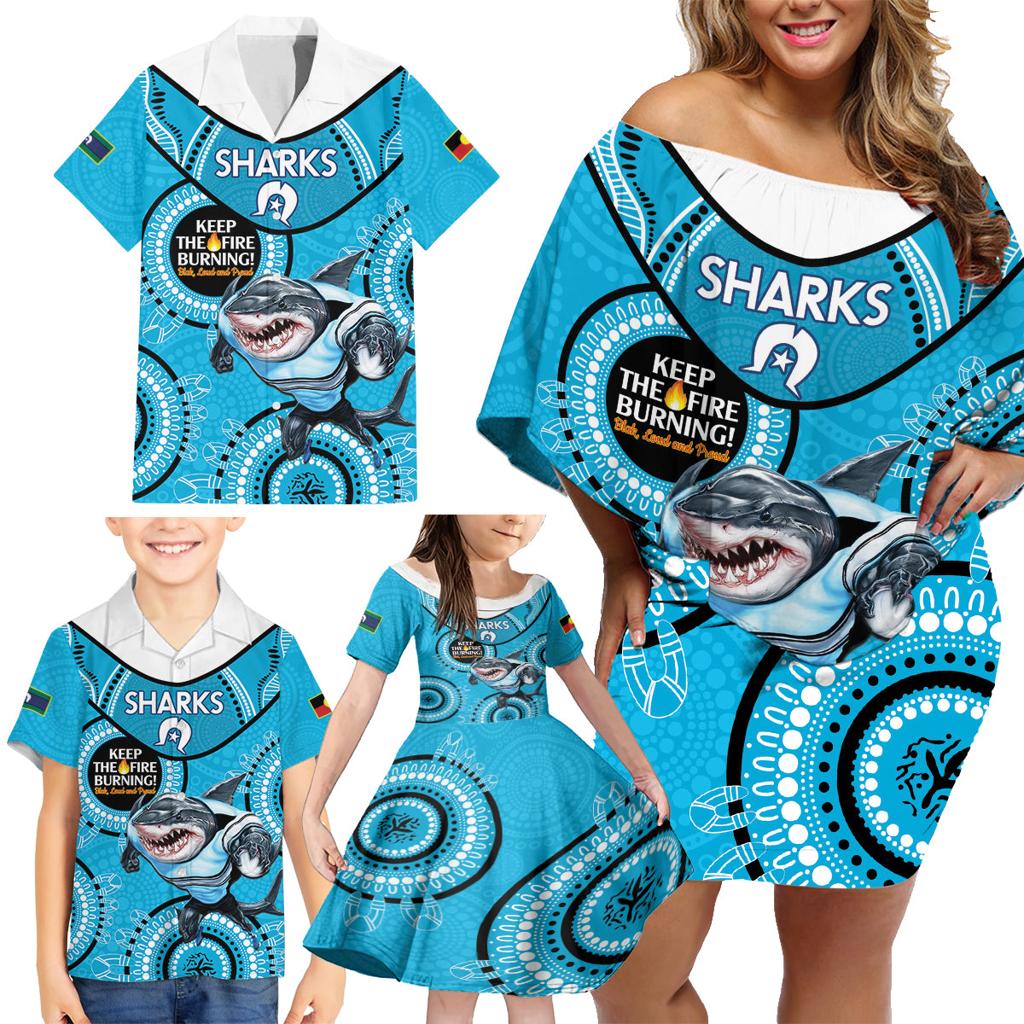 Custom NRL Sharks NAIDOC Week Family Matching Off Shoulder Short Dress and Hawaiian Shirt Keep The Fire Burning Indigenous Art