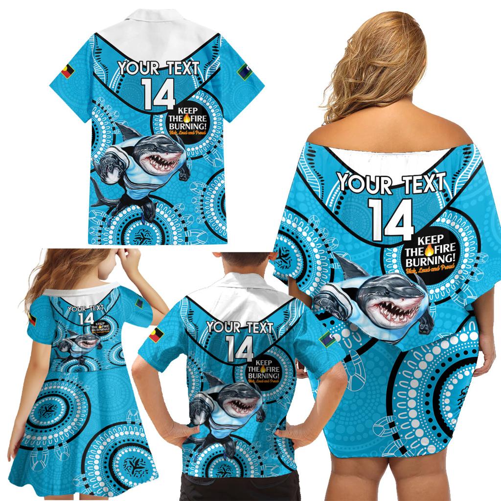 Custom NRL Sharks NAIDOC Week Family Matching Off Shoulder Short Dress and Hawaiian Shirt Keep The Fire Burning Indigenous Art