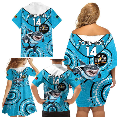 Custom NRL Sharks NAIDOC Week Family Matching Off Shoulder Short Dress and Hawaiian Shirt Keep The Fire Burning Indigenous Art