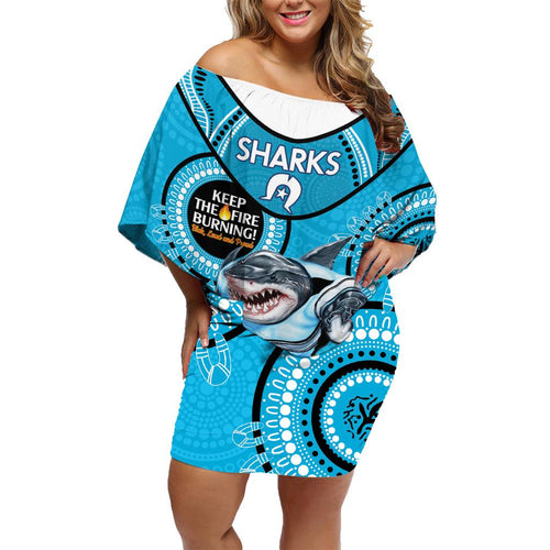 Custom NRL Sharks NAIDOC Week Family Matching Off Shoulder Short Dress and Hawaiian Shirt Keep The Fire Burning Indigenous Art
