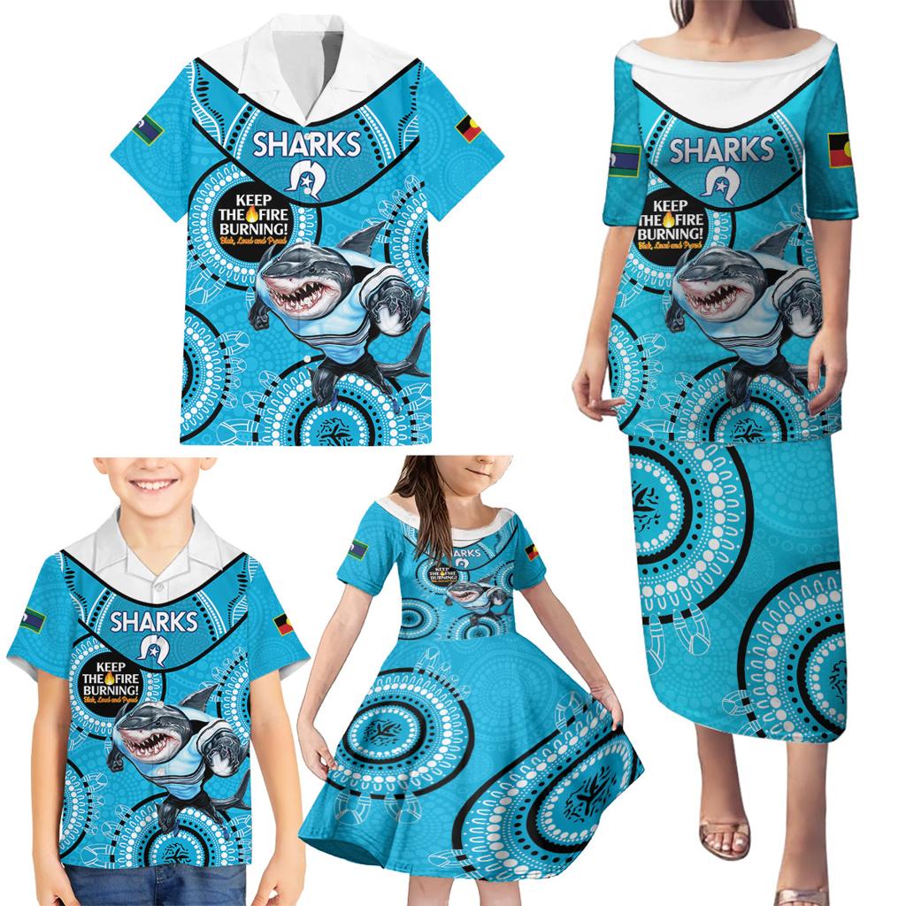 Custom NRL Sharks NAIDOC Week Family Matching Puletasi and Hawaiian Shirt Keep The Fire Burning Indigenous Art