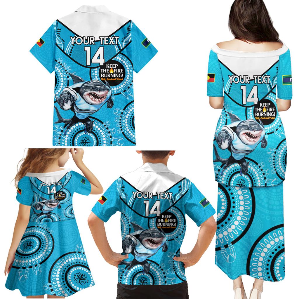 Custom NRL Sharks NAIDOC Week Family Matching Puletasi and Hawaiian Shirt Keep The Fire Burning Indigenous Art