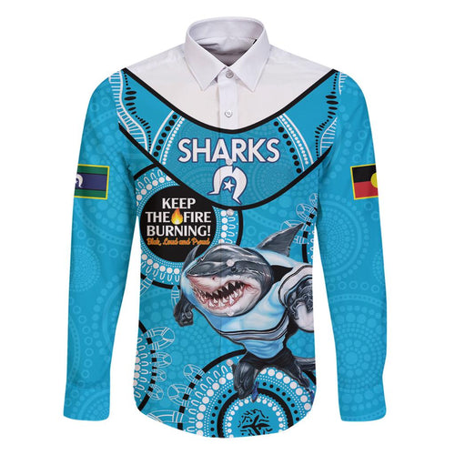 Custom NRL Sharks NAIDOC Week Family Matching Puletasi and Hawaiian Shirt Keep The Fire Burning Indigenous Art