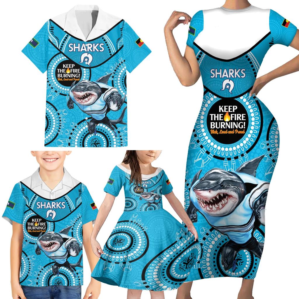 Custom NRL Sharks NAIDOC Week Family Matching Short Sleeve Bodycon Dress and Hawaiian Shirt Keep The Fire Burning Indigenous Art