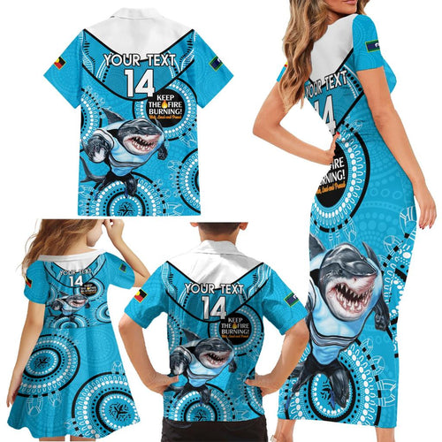 Custom NRL Sharks NAIDOC Week Family Matching Short Sleeve Bodycon Dress and Hawaiian Shirt Keep The Fire Burning Indigenous Art
