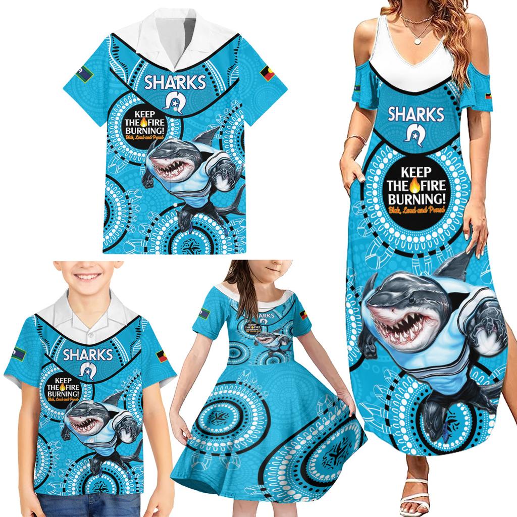 Custom NRL Sharks NAIDOC Week Family Matching Summer Maxi Dress and Hawaiian Shirt Keep The Fire Burning Indigenous Art