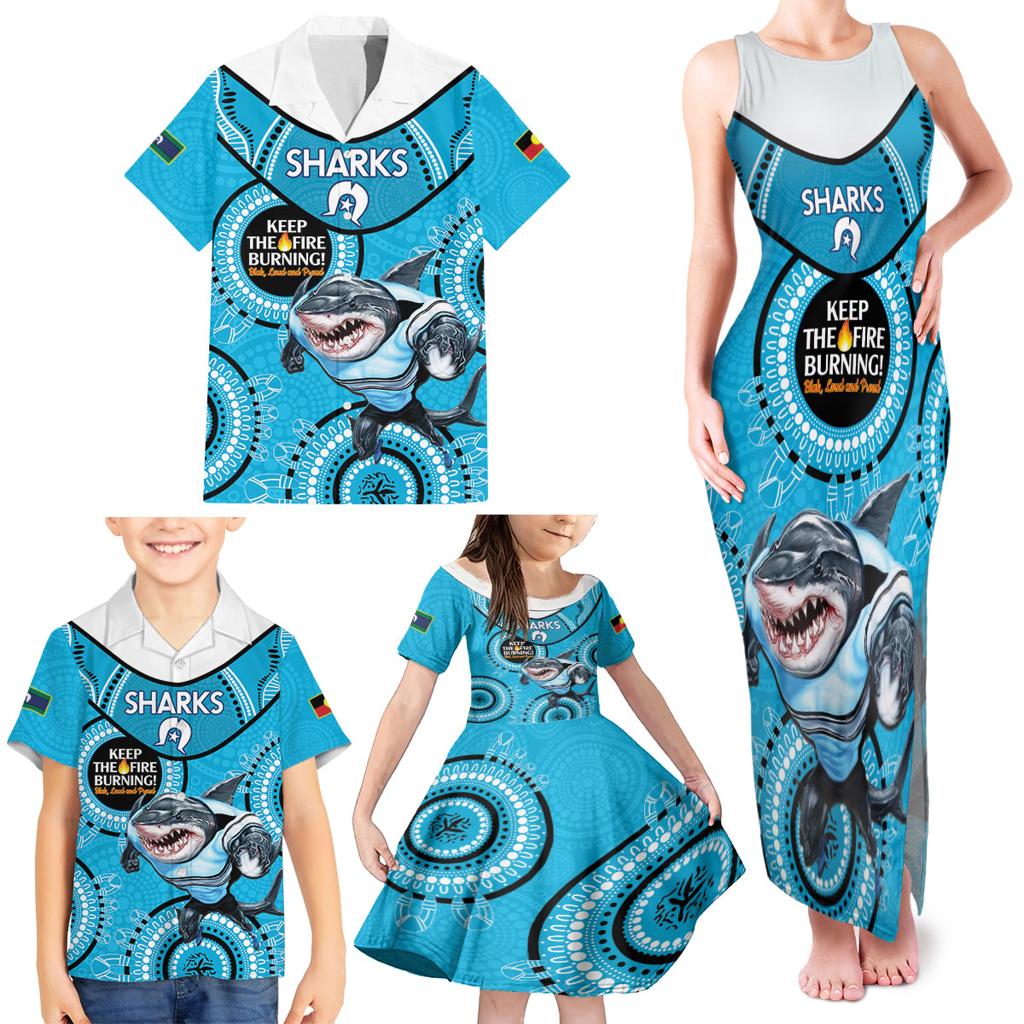 Custom NRL Sharks NAIDOC Week Family Matching Tank Maxi Dress and Hawaiian Shirt Keep The Fire Burning Indigenous Art
