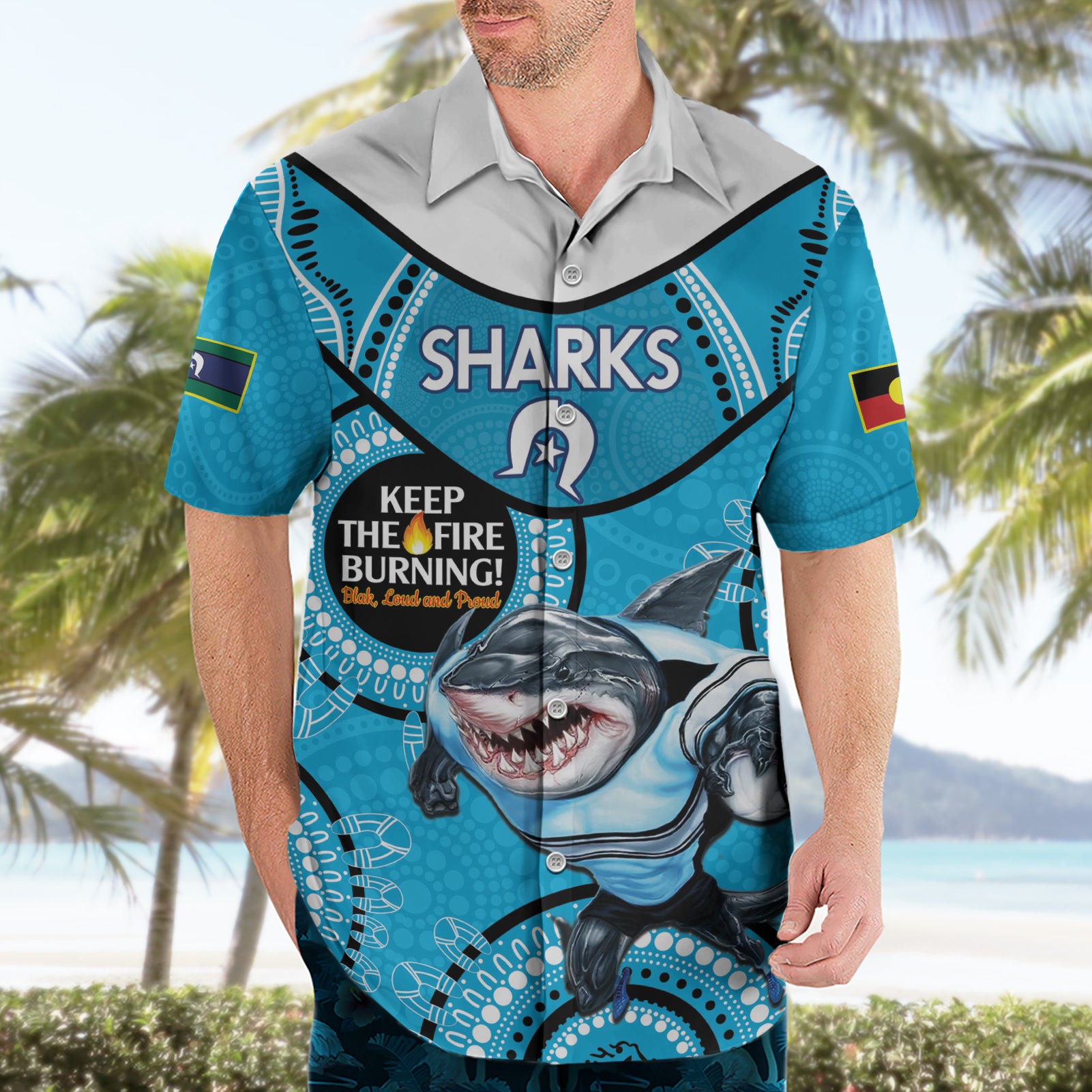 Custom NRL Sharks NAIDOC Week Hawaiian Shirt Keep The Fire Burning Indigenous Art