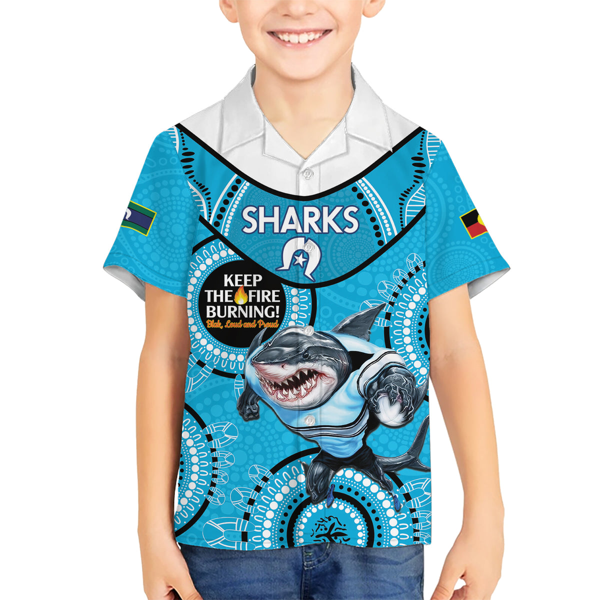 Custom NRL Sharks NAIDOC Week Kid Hawaiian Shirt Keep The Fire Burning Indigenous Art