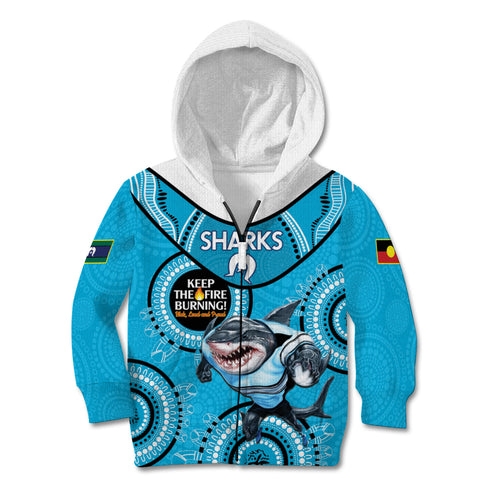 Custom NRL Sharks NAIDOC Week Kid Hoodie Keep The Fire Burning Indigenous Art