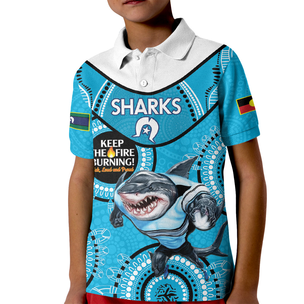 Custom NRL Sharks NAIDOC Week Kid Polo Shirt Keep The Fire Burning Indigenous Art