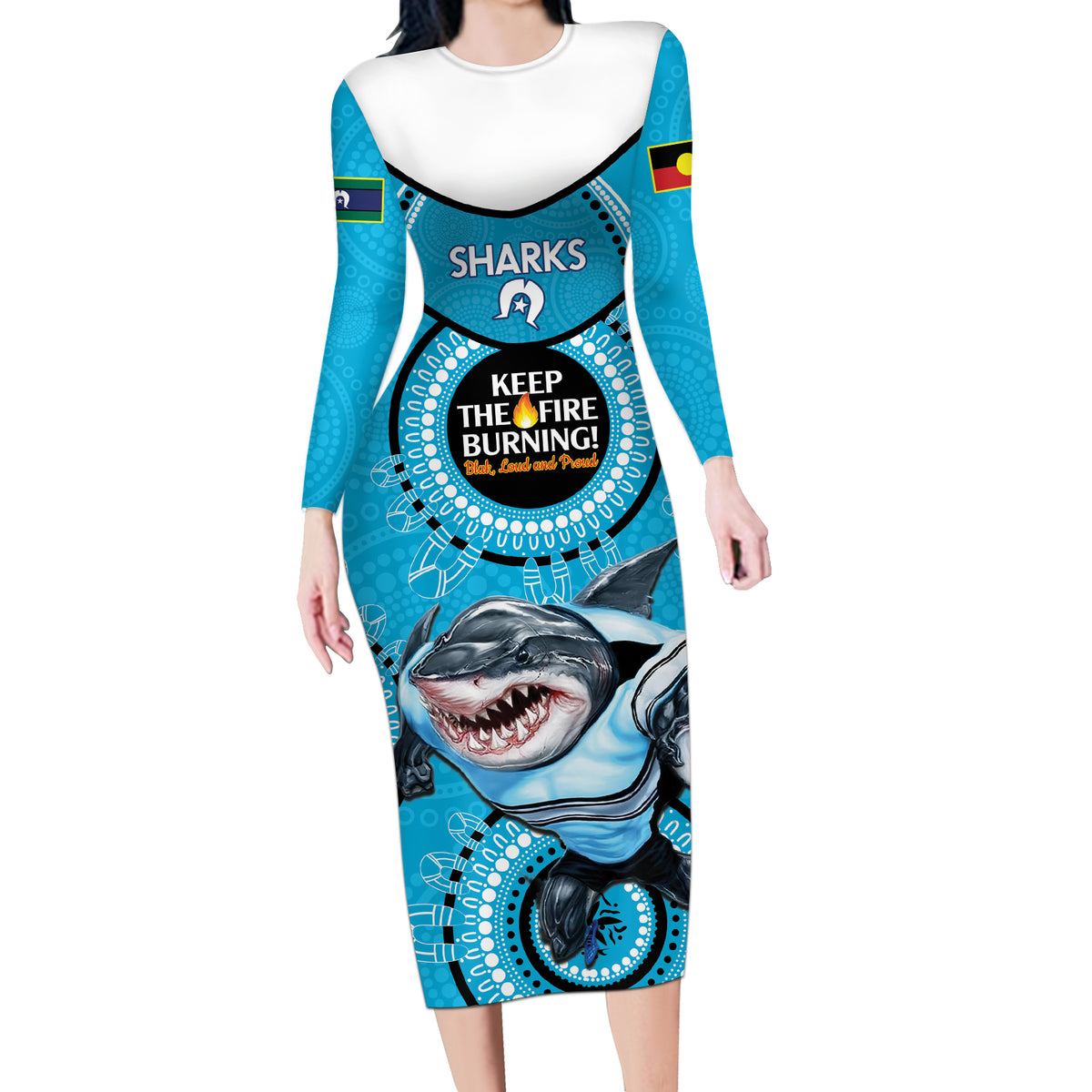 Custom NRL Sharks NAIDOC Week Long Sleeve Bodycon Dress Keep The Fire Burning Indigenous Art