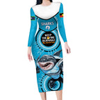 Custom NRL Sharks NAIDOC Week Long Sleeve Bodycon Dress Keep The Fire Burning Indigenous Art