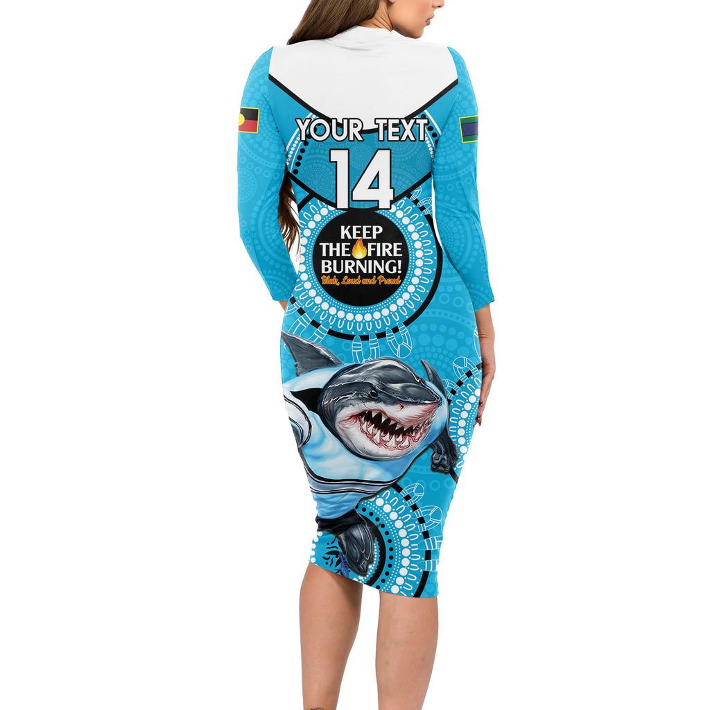 Custom NRL Sharks NAIDOC Week Long Sleeve Bodycon Dress Keep The Fire Burning Indigenous Art