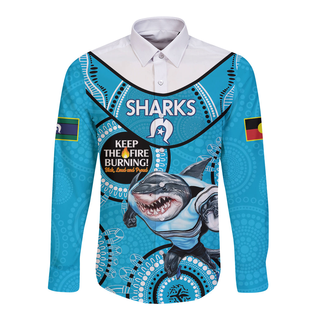 Custom NRL Sharks NAIDOC Week Long Sleeve Button Shirt Keep The Fire Burning Indigenous Art