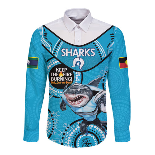 Custom NRL Sharks NAIDOC Week Long Sleeve Button Shirt Keep The Fire Burning Indigenous Art