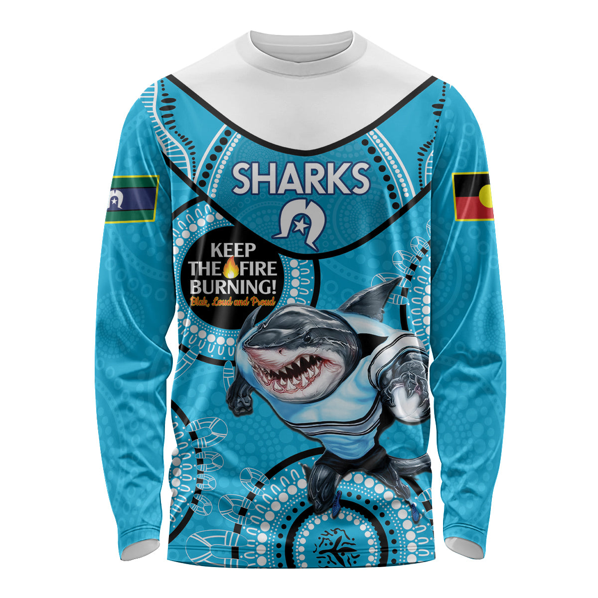 Custom NRL Sharks NAIDOC Week Long Sleeve Shirt Keep The Fire Burning Indigenous Art