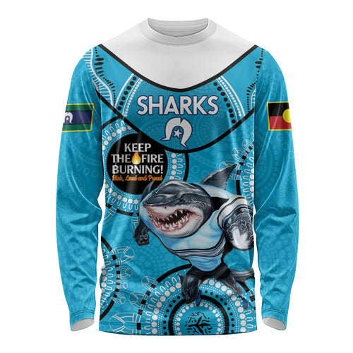 Custom NRL Sharks NAIDOC Week Long Sleeve Shirt Keep The Fire Burning Indigenous Art