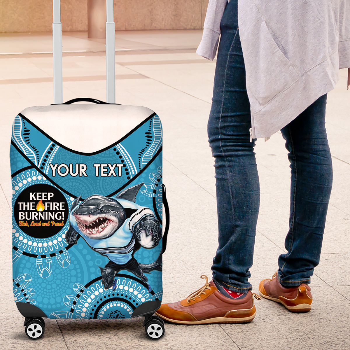 Custom NRL Sharks NAIDOC Week Luggage Cover Keep The Fire Burning Indigenous Art