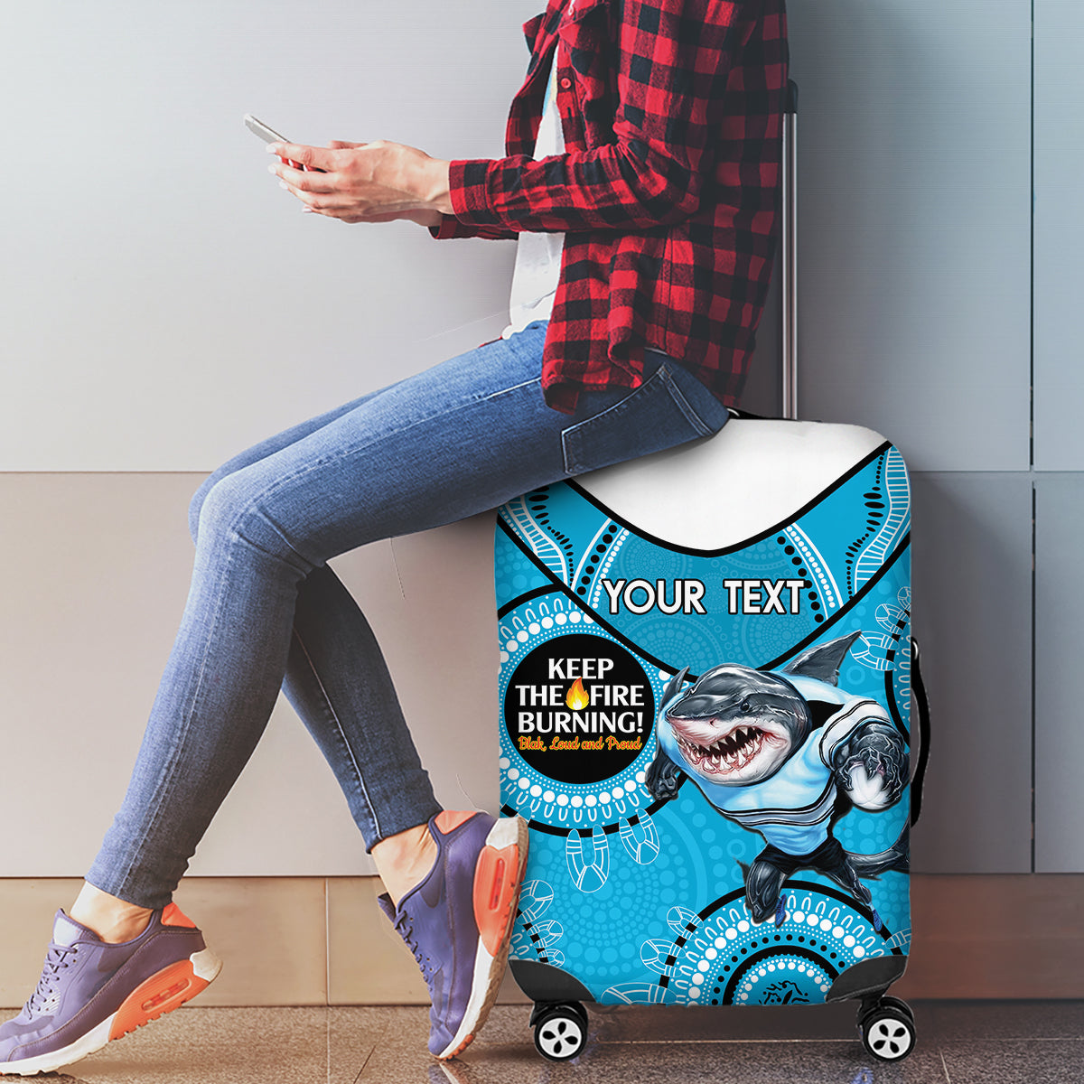 Custom NRL Sharks NAIDOC Week Luggage Cover Keep The Fire Burning Indigenous Art