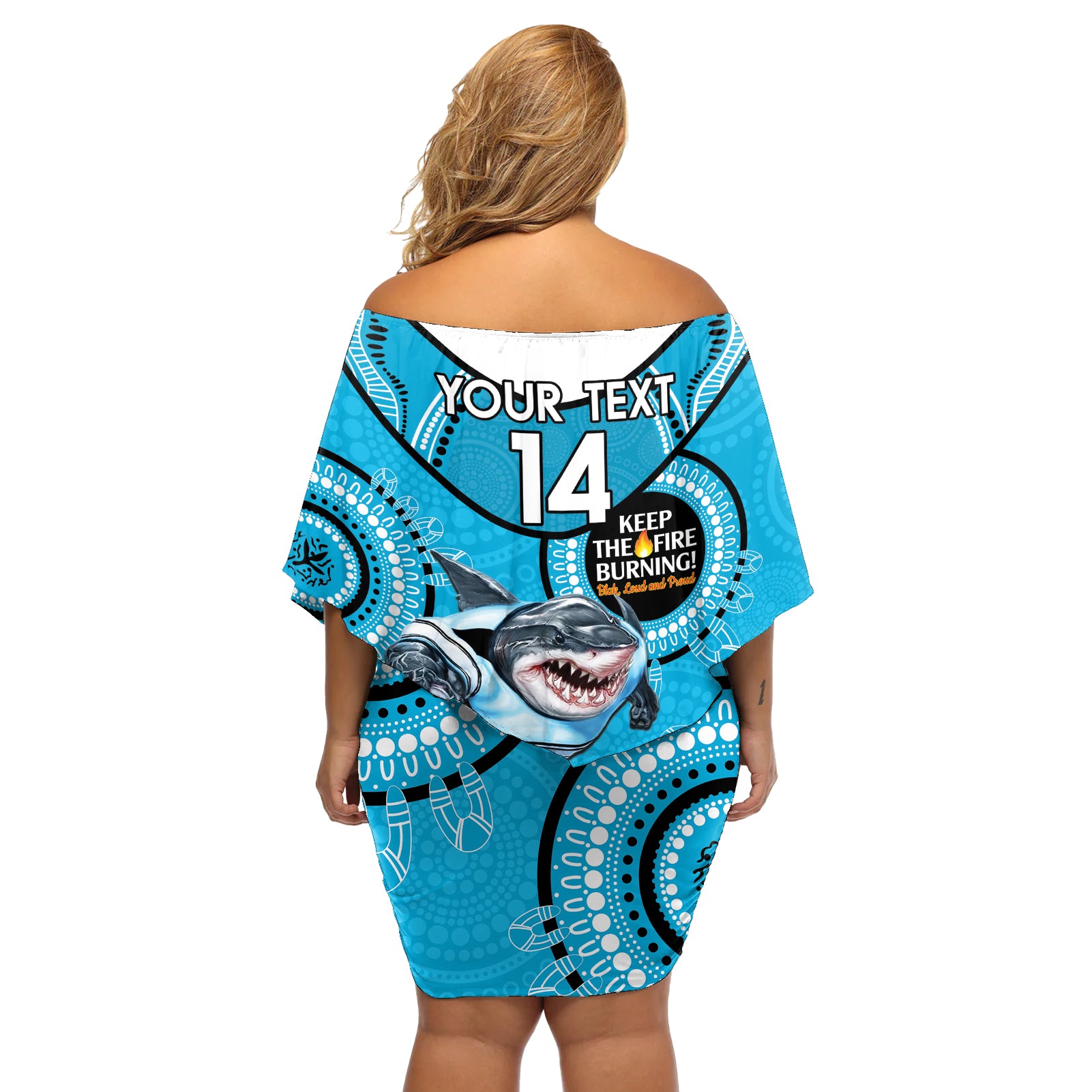 Custom NRL Sharks NAIDOC Week Off Shoulder Short Dress Keep The Fire Burning Indigenous Art