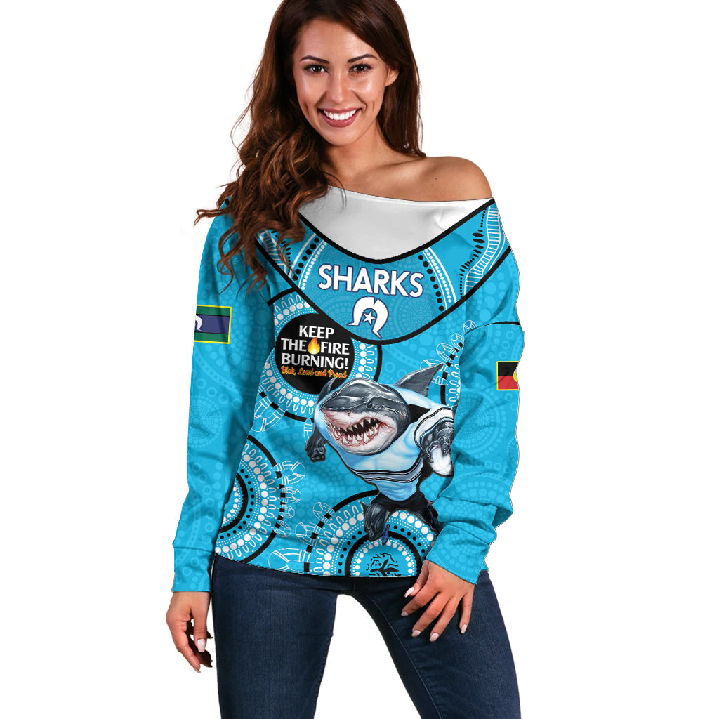 Custom NRL Sharks NAIDOC Week Off Shoulder Sweater Keep The Fire Burning Indigenous Art