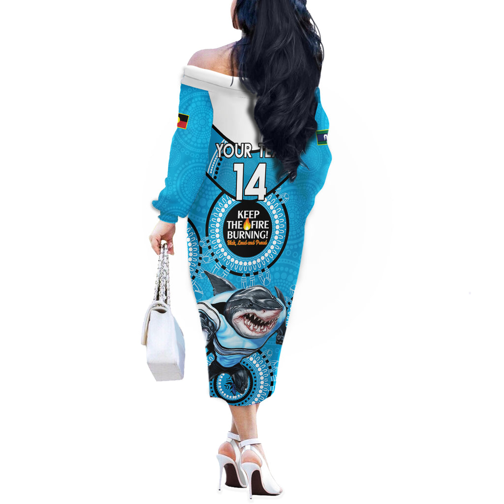 Custom NRL Sharks NAIDOC Week Off The Shoulder Long Sleeve Dress Keep The Fire Burning Indigenous Art