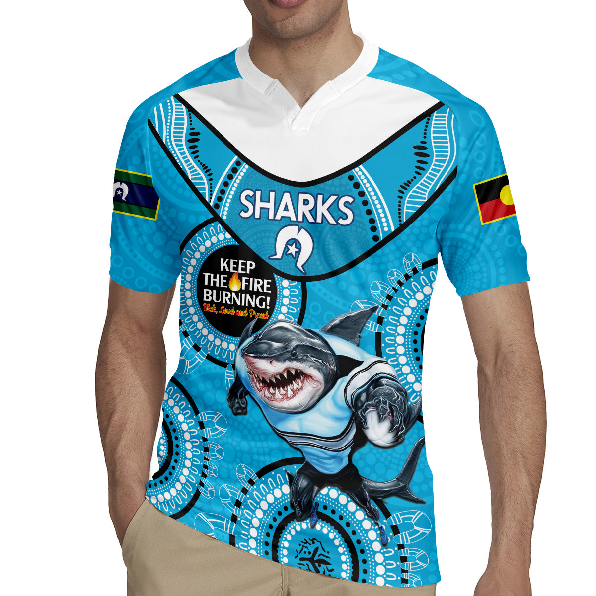 Custom NRL Sharks NAIDOC Week Rugby Jersey Keep The Fire Burning Indigenous Art