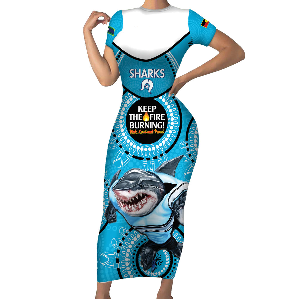 Custom NRL Sharks NAIDOC Week Short Sleeve Bodycon Dress Keep The Fire Burning Indigenous Art