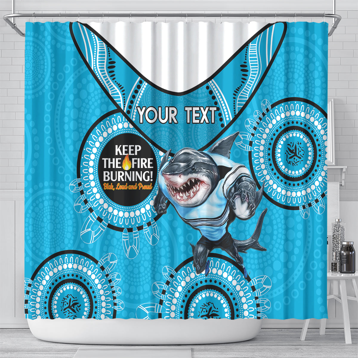 Custom NRL Sharks NAIDOC Week Shower Curtain Keep The Fire Burning Indigenous Art
