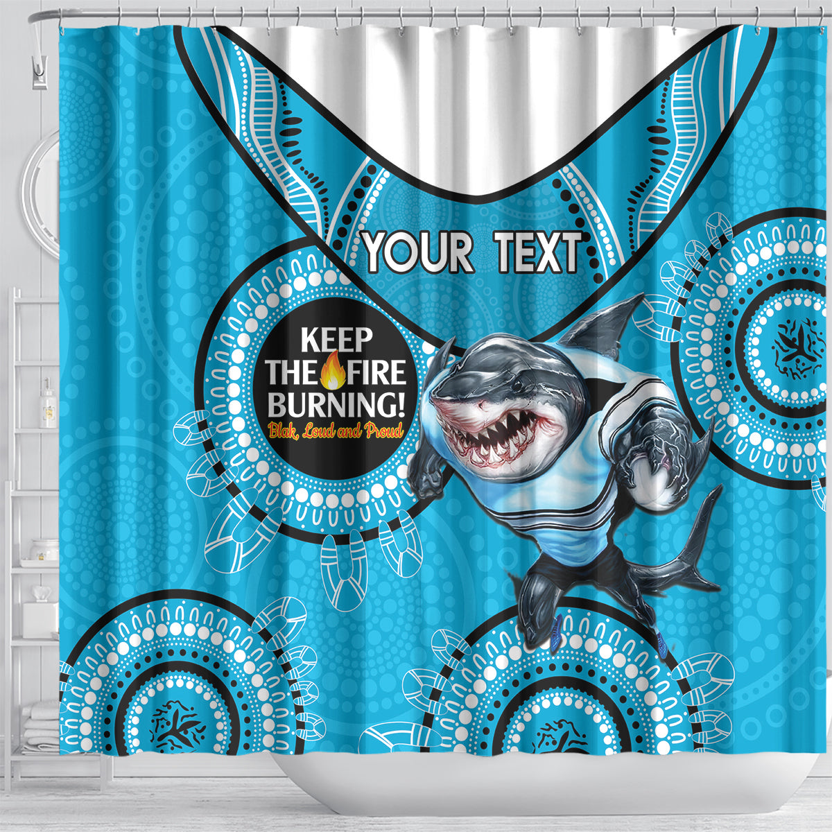 Custom NRL Sharks NAIDOC Week Shower Curtain Keep The Fire Burning Indigenous Art