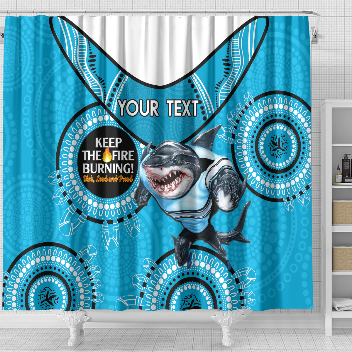 Custom NRL Sharks NAIDOC Week Shower Curtain Keep The Fire Burning Indigenous Art