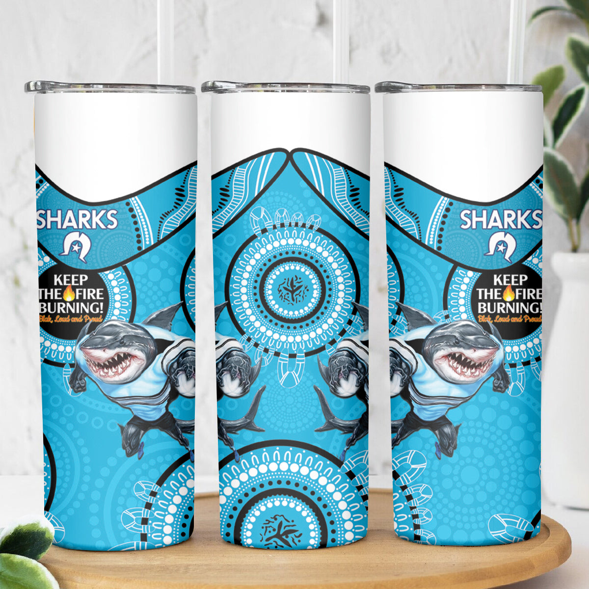NRL Sharks NAIDOC Week Skinny Tumbler Keep The Fire Burning Indigenous Art