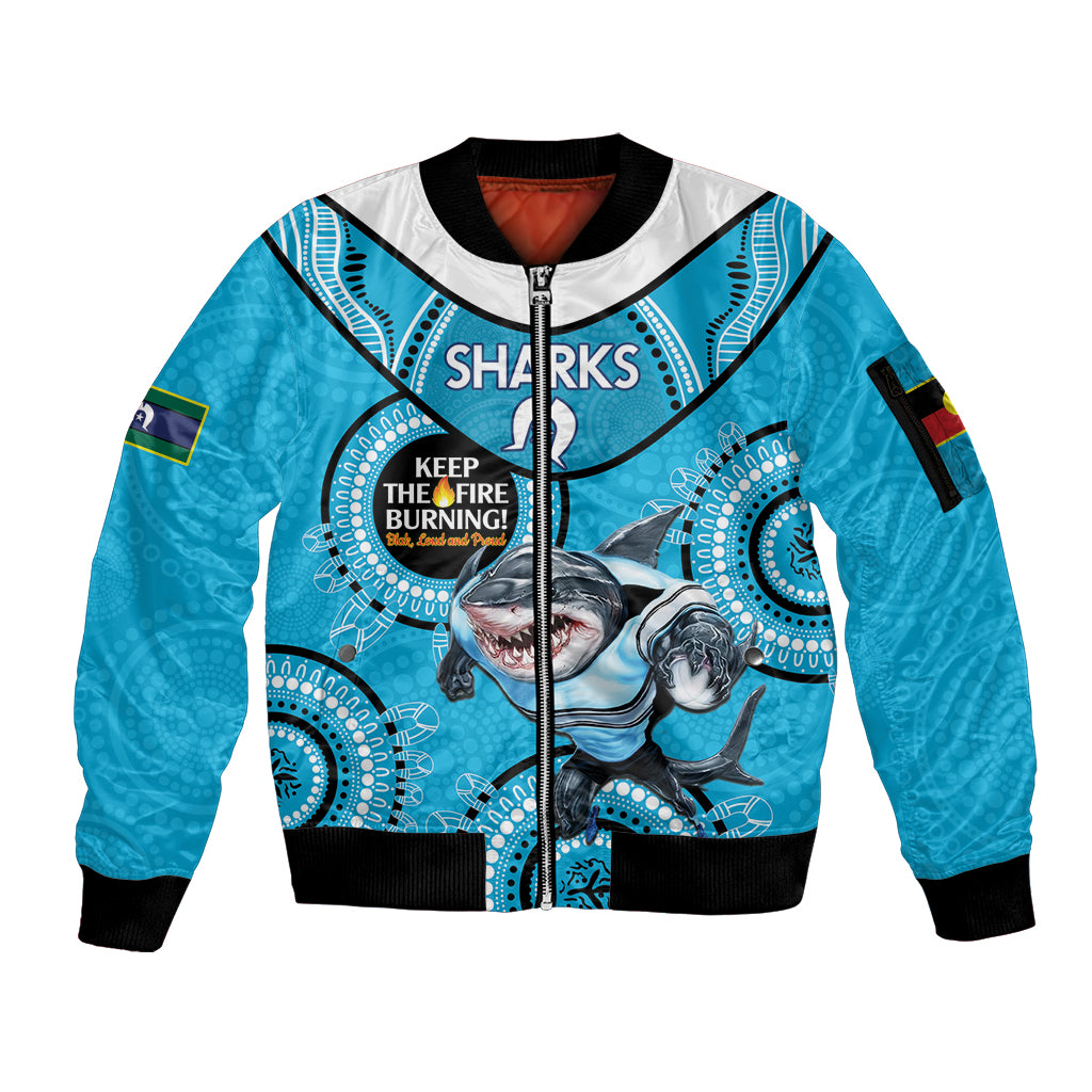 Custom NRL Sharks NAIDOC Week Sleeve Zip Bomber Jacket Keep The Fire Burning Indigenous Art