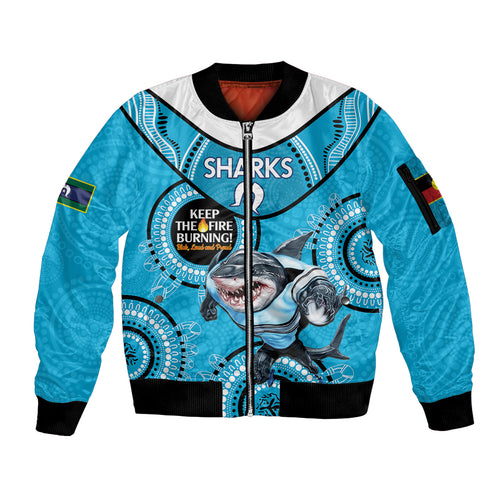 Custom NRL Sharks NAIDOC Week Sleeve Zip Bomber Jacket Keep The Fire Burning Indigenous Art