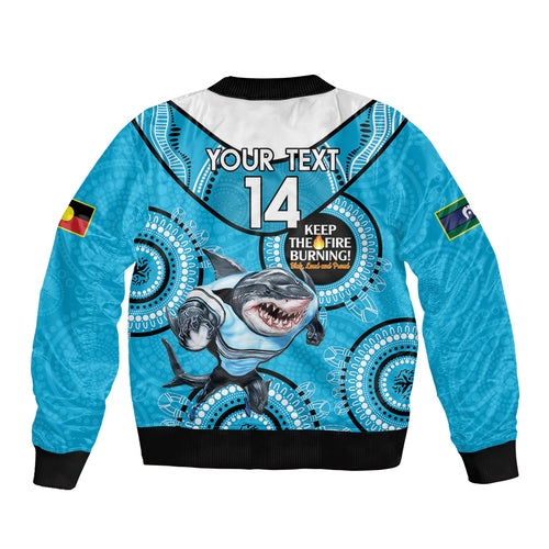 Custom NRL Sharks NAIDOC Week Sleeve Zip Bomber Jacket Keep The Fire Burning Indigenous Art