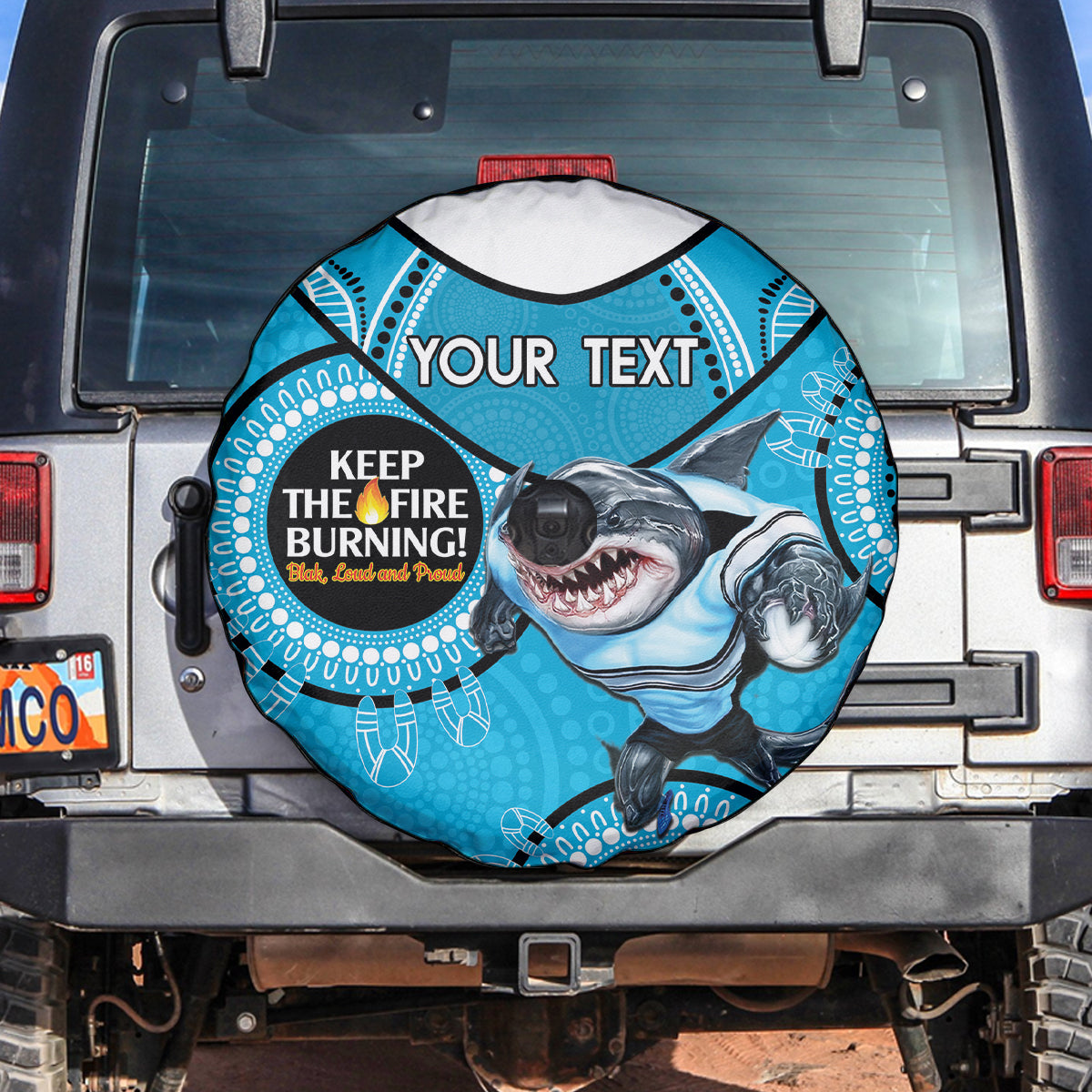 Custom NRL Sharks NAIDOC Week Spare Tire Cover Keep The Fire Burning Indigenous Art