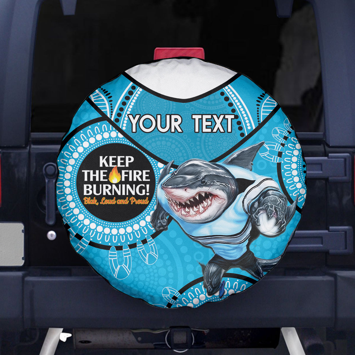 Custom NRL Sharks NAIDOC Week Spare Tire Cover Keep The Fire Burning Indigenous Art