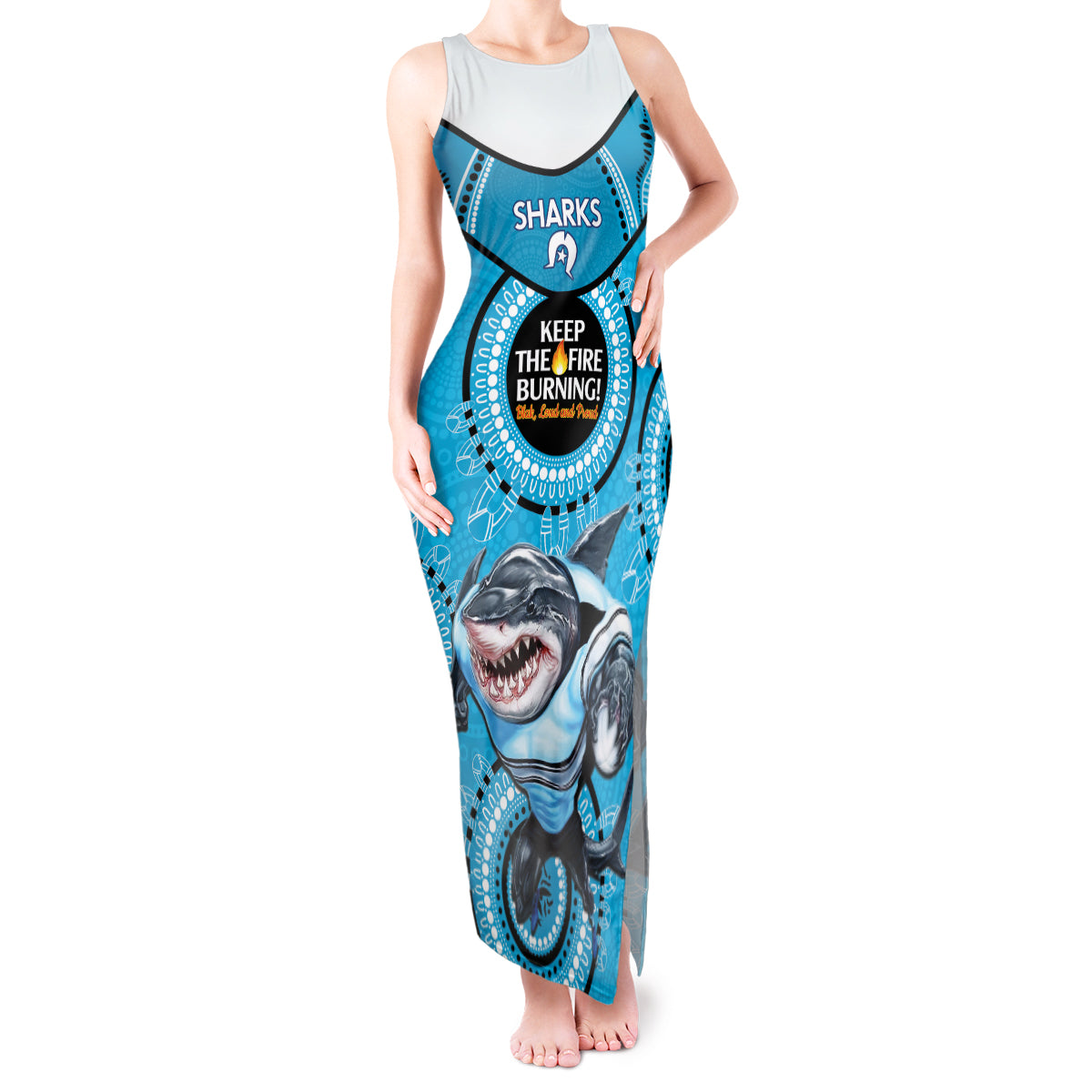 Custom NRL Sharks NAIDOC Week Tank Maxi Dress Keep The Fire Burning Indigenous Art