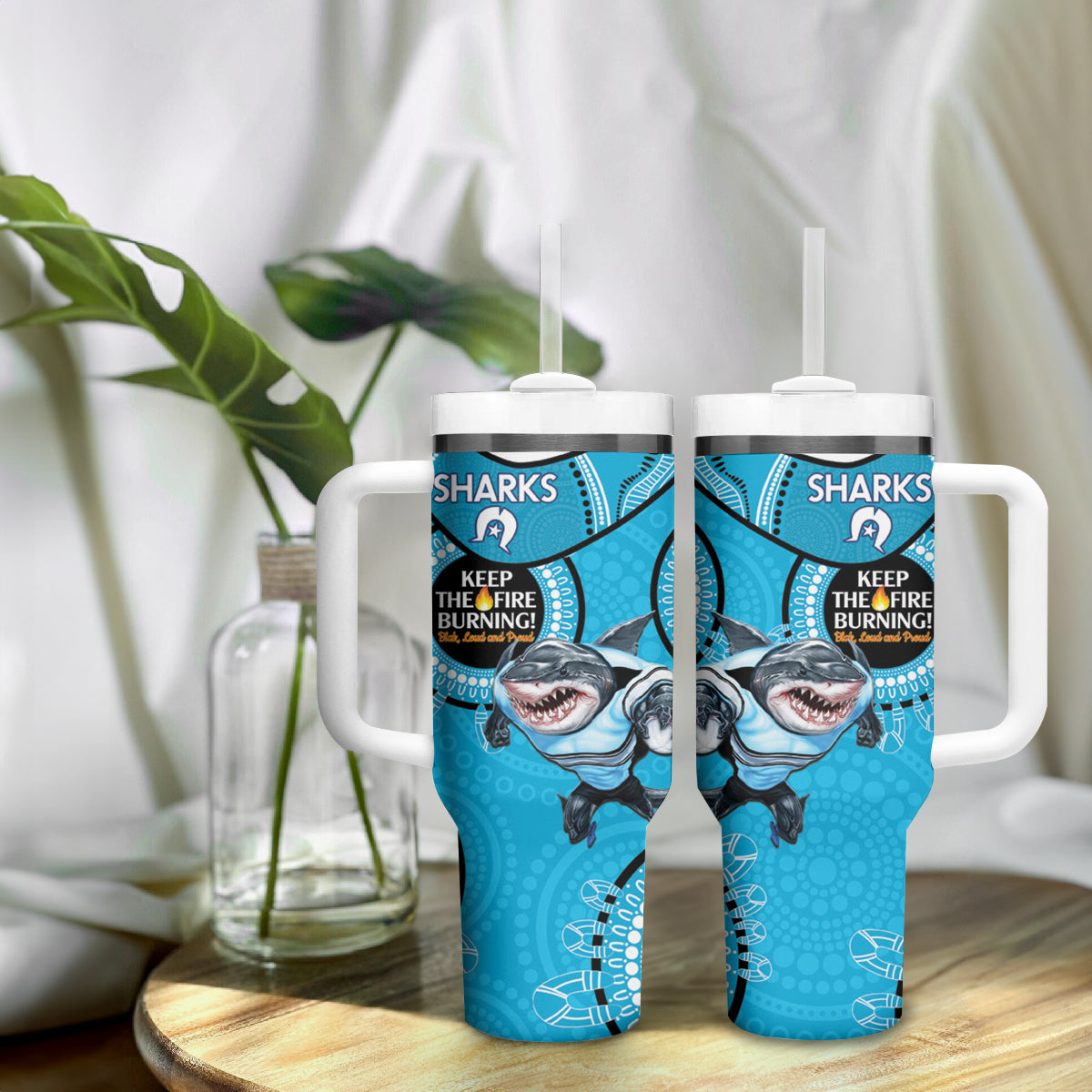 NRL Sharks NAIDOC Week Tumbler With Handle Keep The Fire Burning Indigenous Art